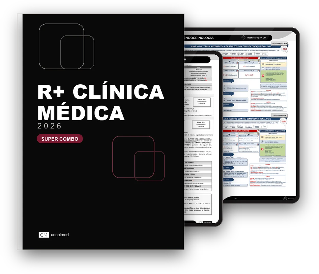 Apostila do R+ Clínica Médica com dois tablets atrás