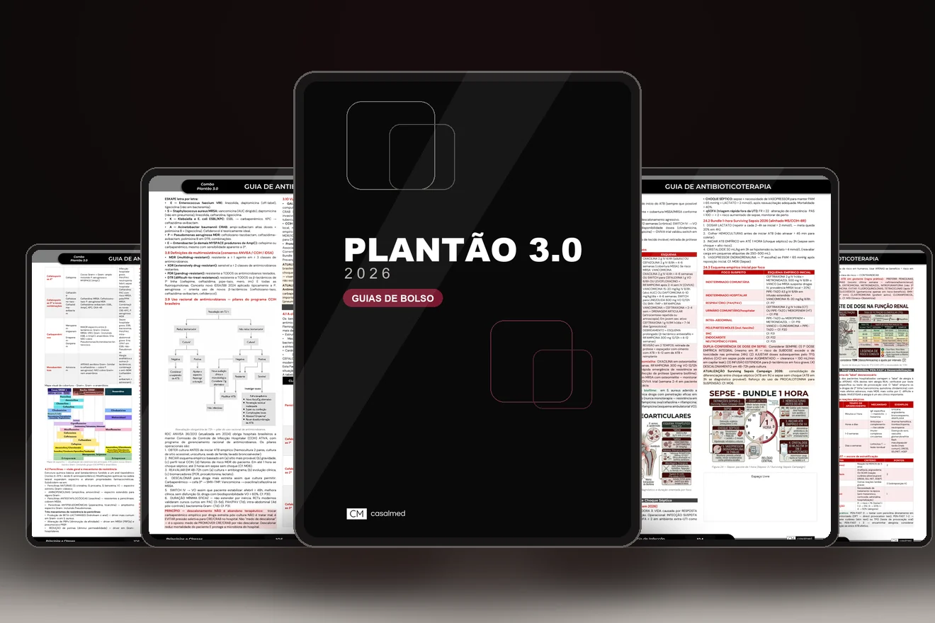 Tablet com a capa do Plantão 3.0 entre quatro tablets mostrando páginas dos guias