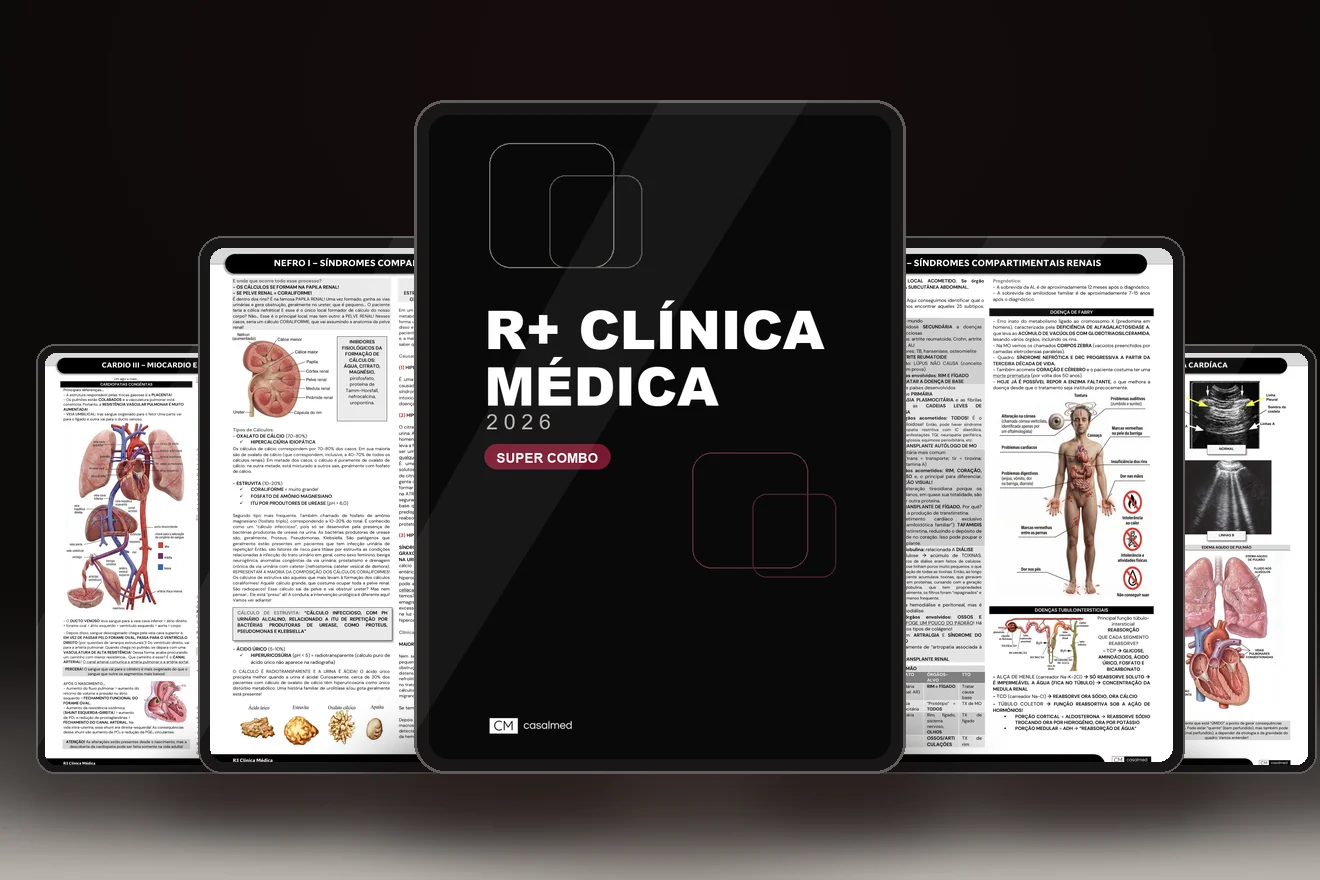 Tablet com a capa do R+ Clínica Médica entre quatro tablets mostrando páginas do material