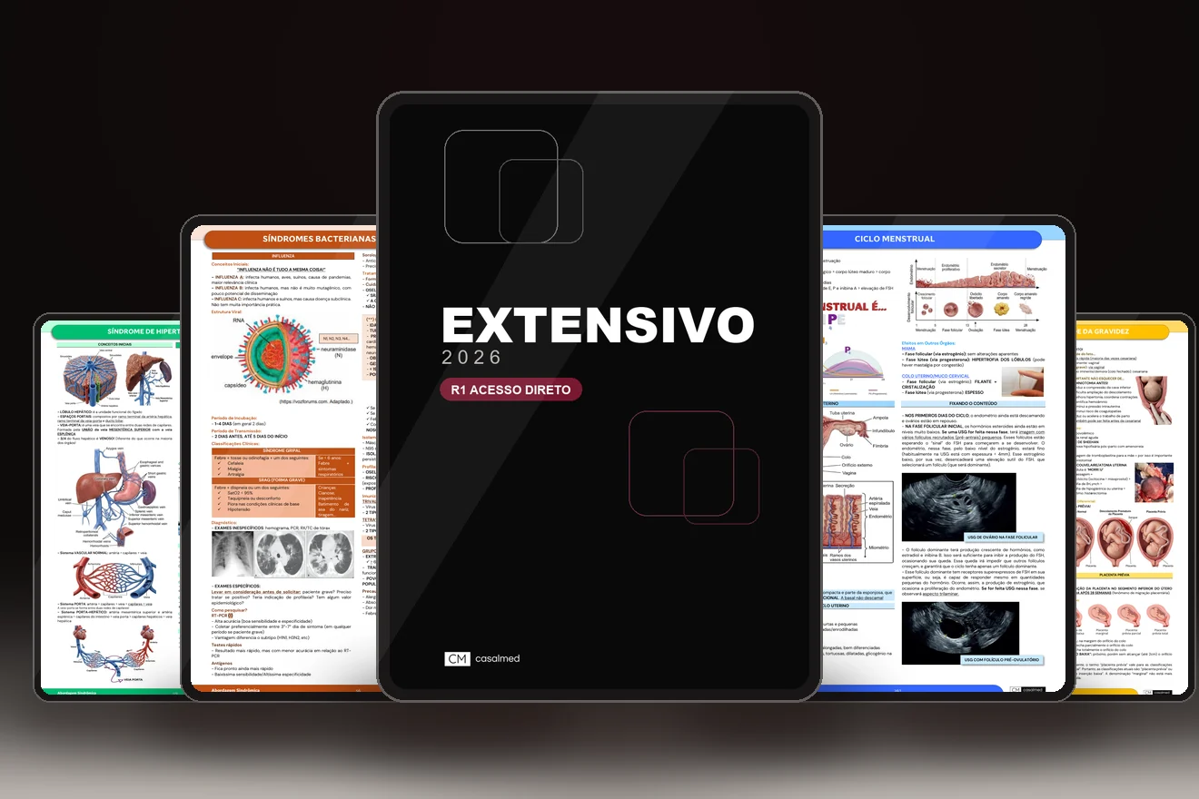 Tablet com a capa do Extensivo 2026 entre quatro tablets mostrando páginas dos resumos